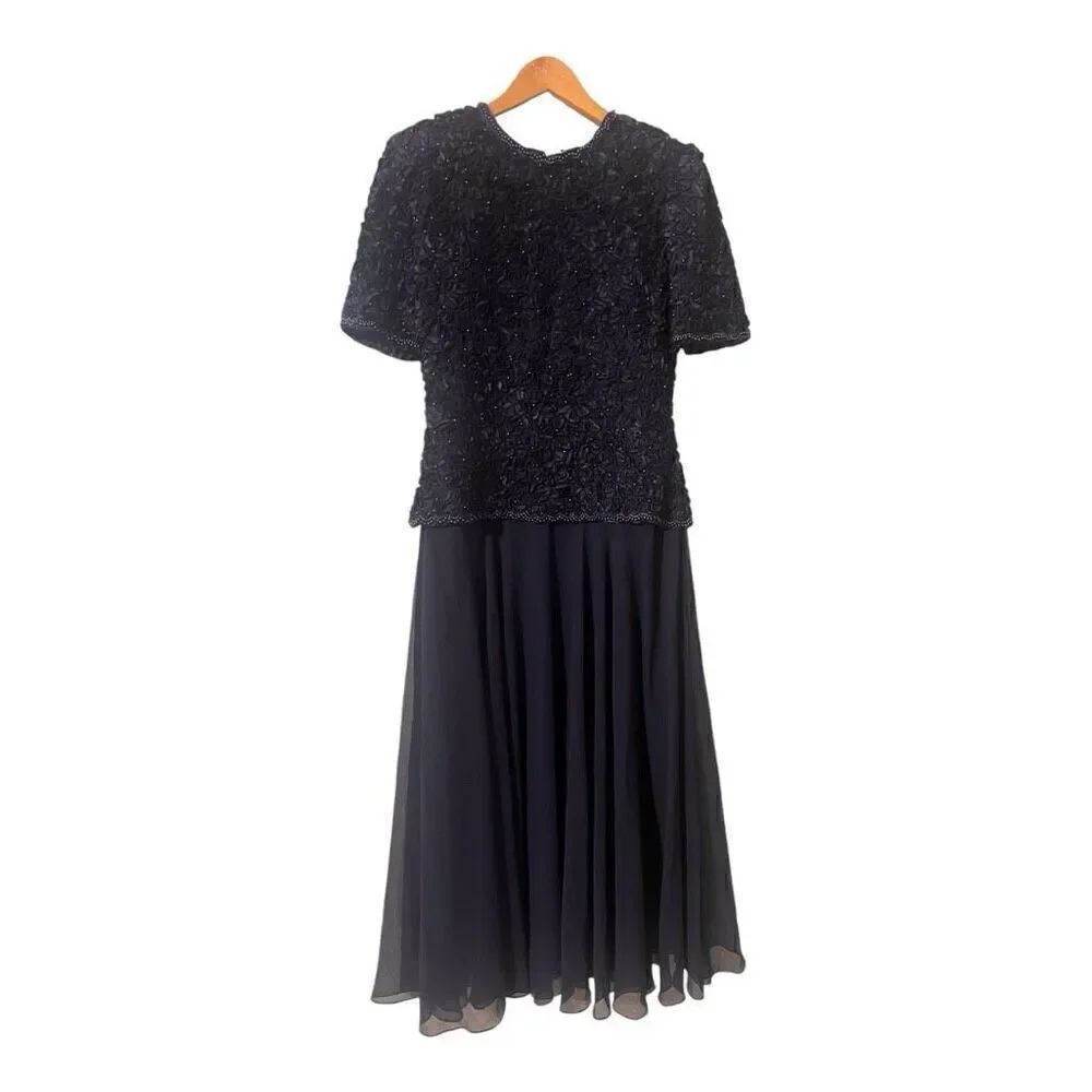 Vintage Laurence Kazar Short Sleeve Beaded Maxi Gown Black Formal Dress